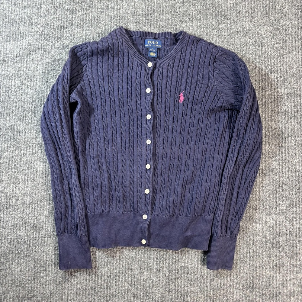 Polo Ralph Lauren Sweater Girls 12-14 Blue Cable Knit Button Cardigan Logo